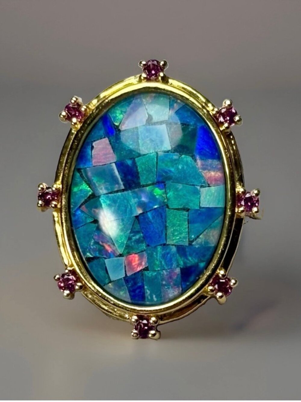 925 Sterling Silver Gold Plated Genuine Opal Inlay & Amethyst Ring - Size 7.25